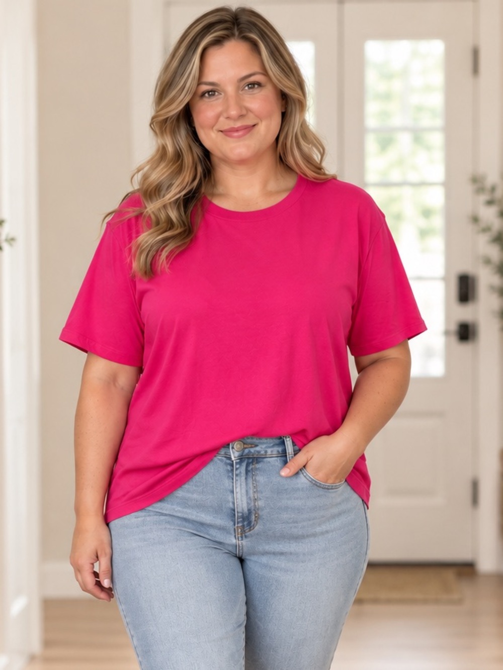 Zenana Cotton XL Hot Pink Short Sleeve Crewneck Shirt NWT
